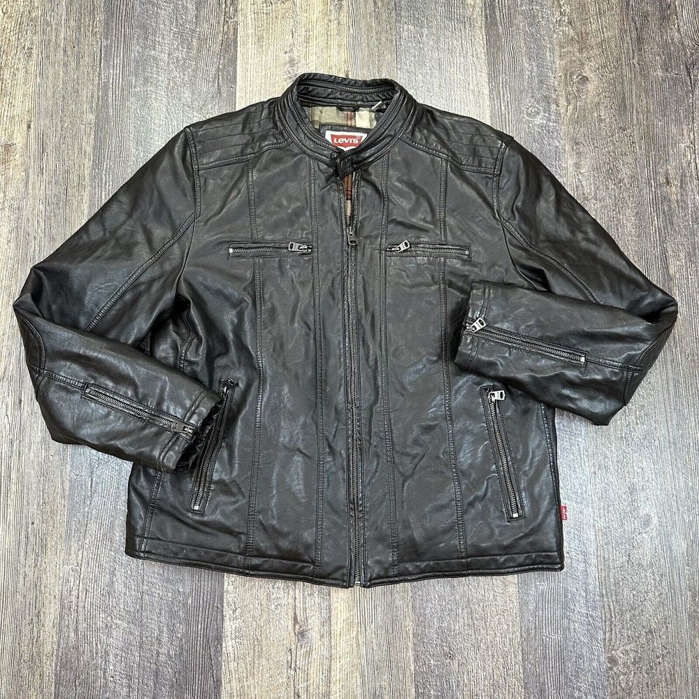Levi's Faux Leather Jacket Mens Dark Brown Biker Cotton Flannel Lined Size L